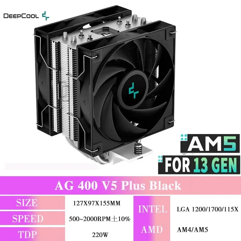 Cooler DEEPCOOL AG400 ARGB – Air Cooler com 4 Heat Pipes, PWM Silencioso, TDP 220W, Compatível com Intel LGA 1700/1200/115X e AMD AM4/AM5