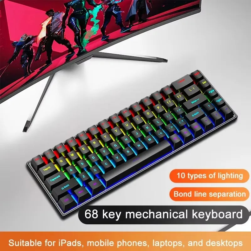 Teclado Mecânico K68 com Fio – 10 Tipos de Iluminação Colorida, Para Gaming e Escritório, Compatível com Windows e iOS