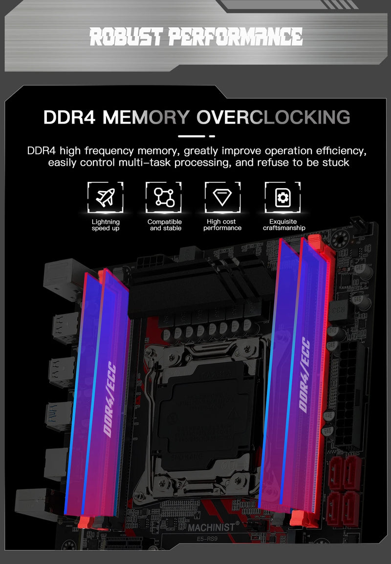 Placa-Mãe MACHINIST RS9 X99 – Suporte Xeon E5 V3/V4, LGA 2011-3, DDR4 Quad Channel, M.2 NVMe, PCI-E e SATA