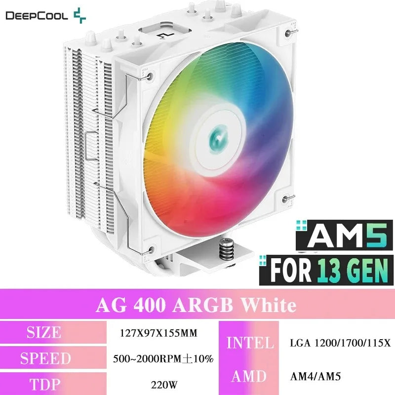 Cooler DEEPCOOL AG400 ARGB – Air Cooler com 4 Heat Pipes, PWM Silencioso, TDP 220W, Compatível com Intel LGA 1700/1200/115X e AMD AM4/AM5