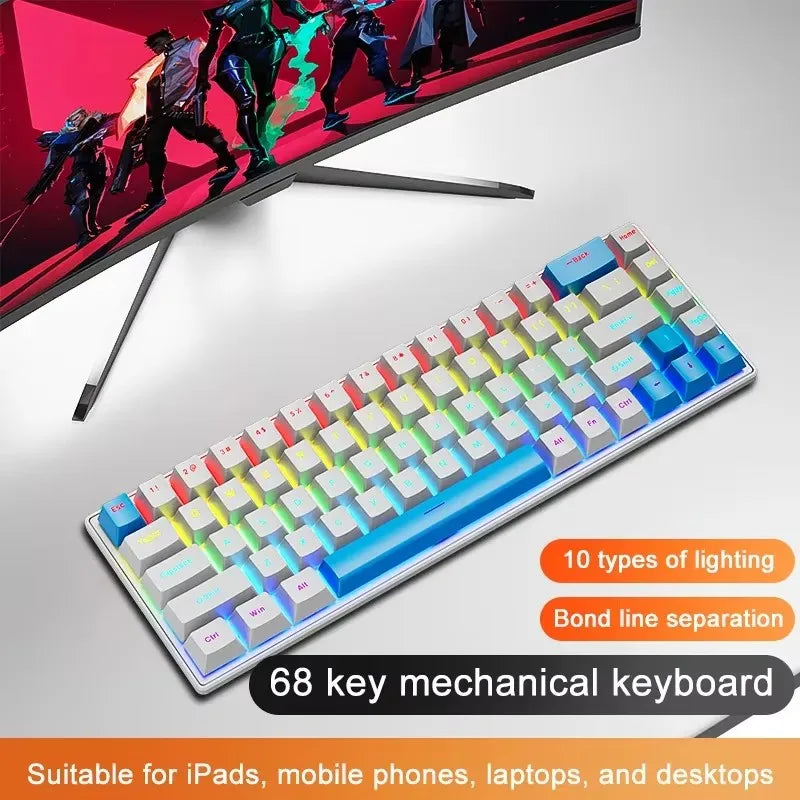Teclado Mecânico K68 com Fio – 10 Tipos de Iluminação Colorida, Para Gaming e Escritório, Compatível com Windows e iOS