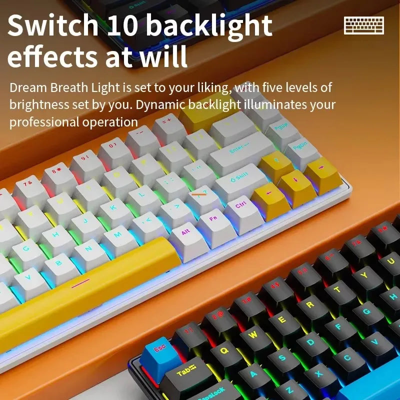 Teclado Mecânico K68 com Fio – 10 Tipos de Iluminação Colorida, Para Gaming e Escritório, Compatível com Windows e iOS