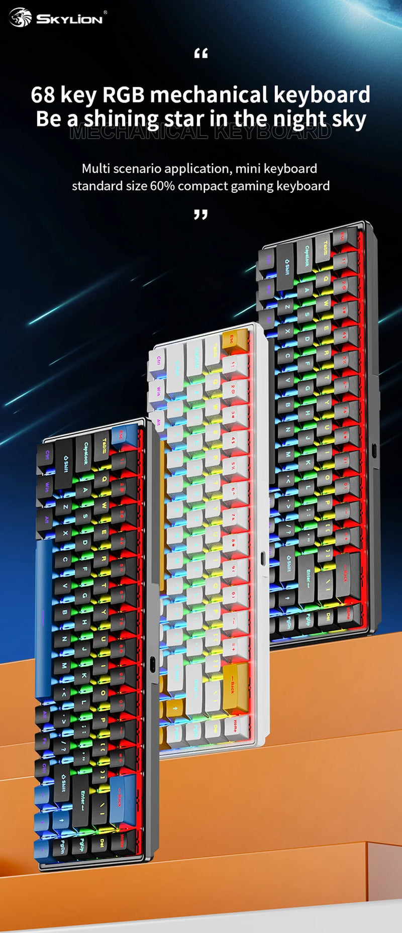 Teclado Mecânico K68 com Fio – 10 Tipos de Iluminação Colorida, Para Gaming e Escritório, Compatível com Windows e iOS