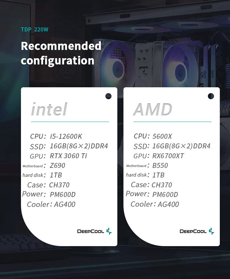 Cooler DEEPCOOL AG400 ARGB – Air Cooler com 4 Heat Pipes, PWM Silencioso, TDP 220W, Compatível com Intel LGA 1700/1200/115X e AMD AM4/AM5