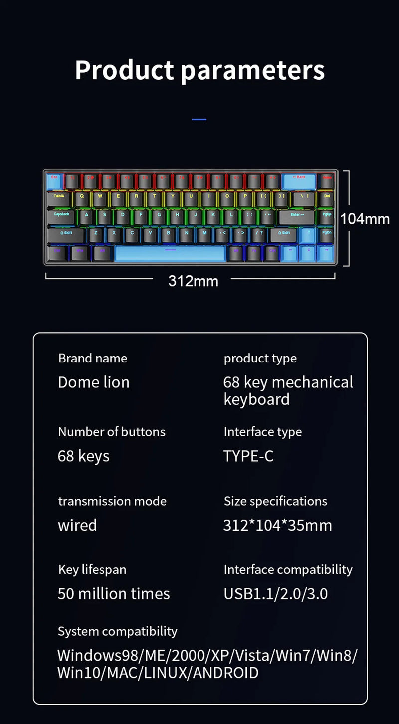 Teclado Mecânico K68 com Fio – 10 Tipos de Iluminação Colorida, Para Gaming e Escritório, Compatível com Windows e iOS