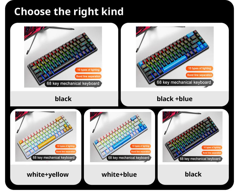 Teclado Mecânico K68 com Fio – 10 Tipos de Iluminação Colorida, Para Gaming e Escritório, Compatível com Windows e iOS