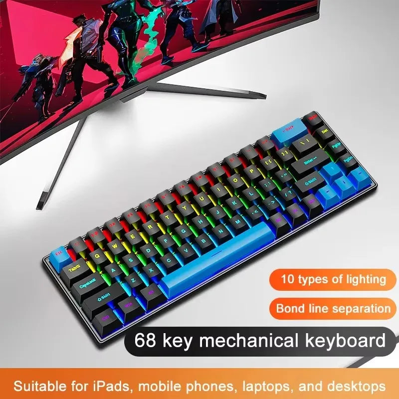 Teclado Mecânico K68 com Fio – 10 Tipos de Iluminação Colorida, Para Gaming e Escritório, Compatível com Windows e iOS