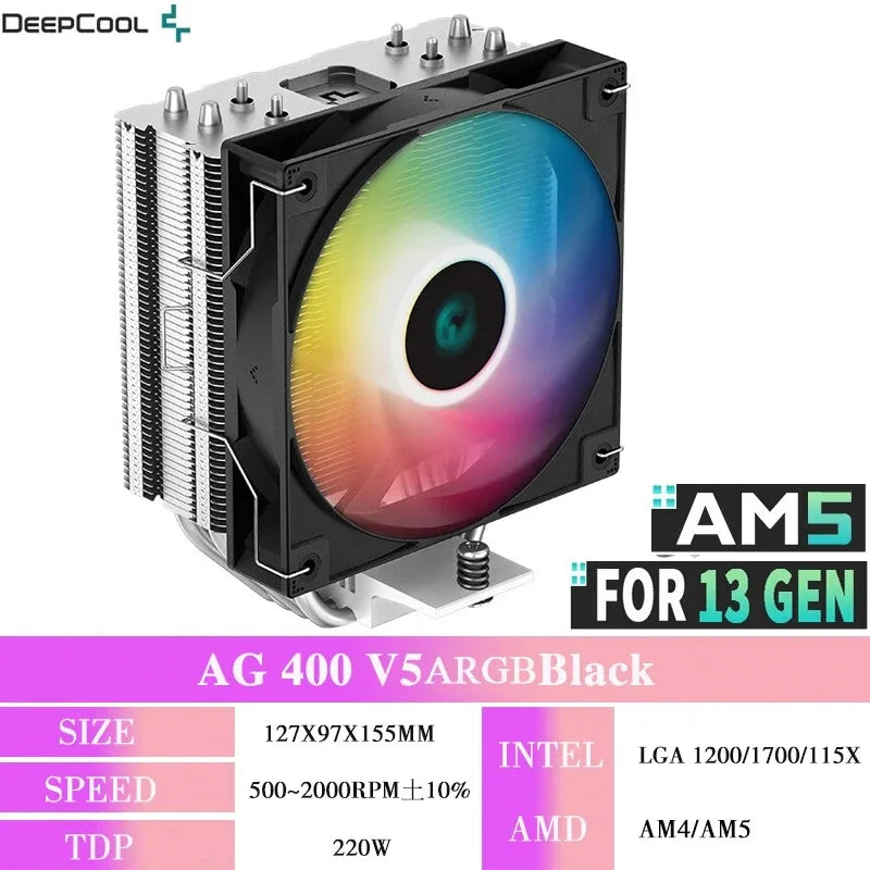 Cooler DEEPCOOL AG400 ARGB – Air Cooler com 4 Heat Pipes, PWM Silencioso, TDP 220W, Compatível com Intel LGA 1700/1200/115X e AMD AM4/AM5