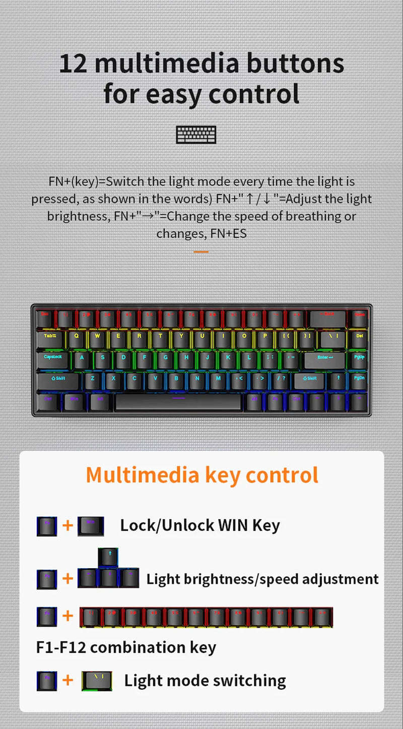 Teclado Mecânico K68 com Fio – 10 Tipos de Iluminação Colorida, Para Gaming e Escritório, Compatível com Windows e iOS