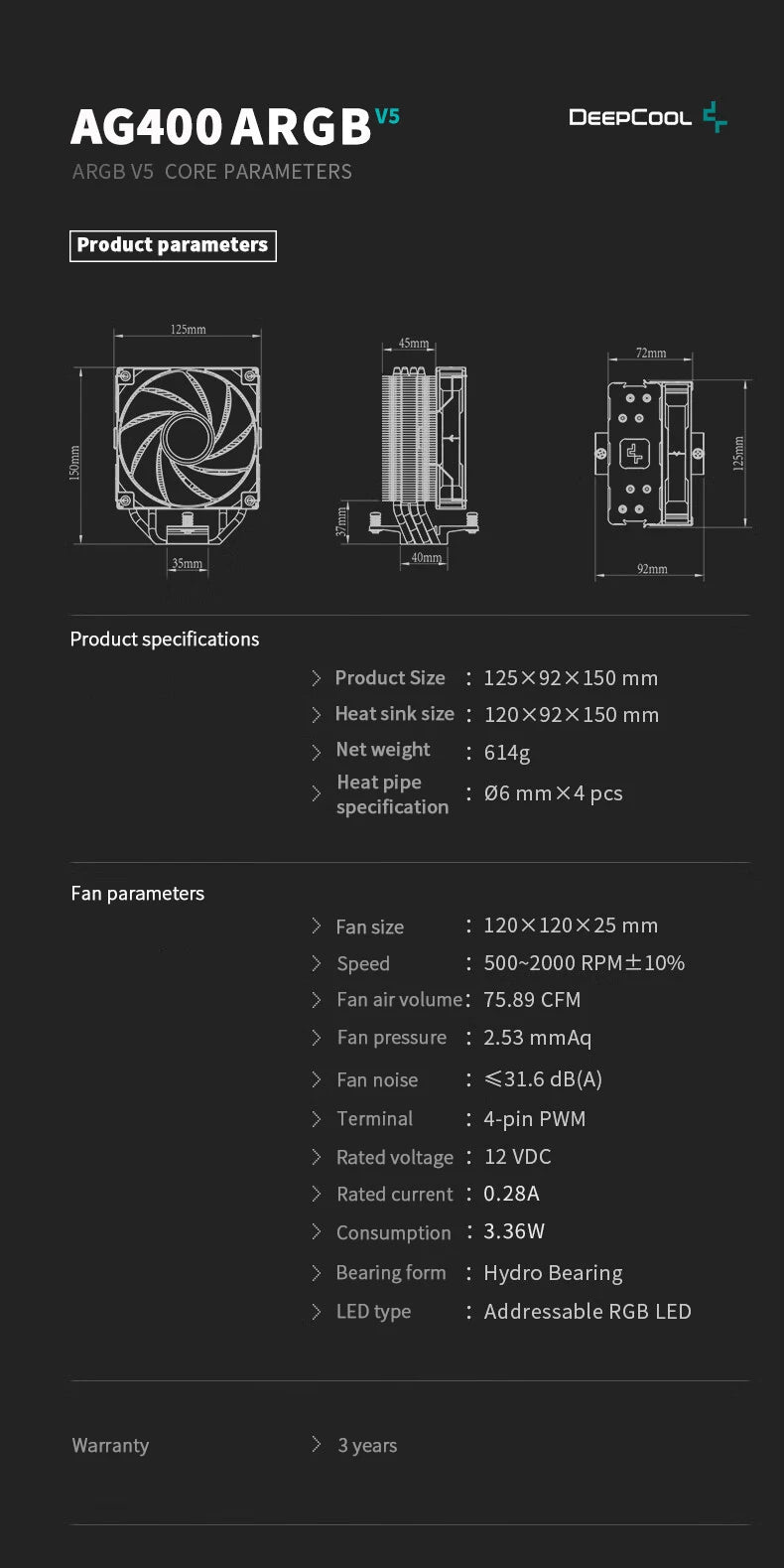 Cooler DEEPCOOL AG400 ARGB – Air Cooler com 4 Heat Pipes, PWM Silencioso, TDP 220W, Compatível com Intel LGA 1700/1200/115X e AMD AM4/AM5
