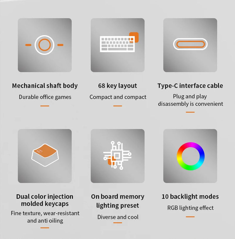 Teclado Mecânico K68 com Fio – 10 Tipos de Iluminação Colorida, Para Gaming e Escritório, Compatível com Windows e iOS