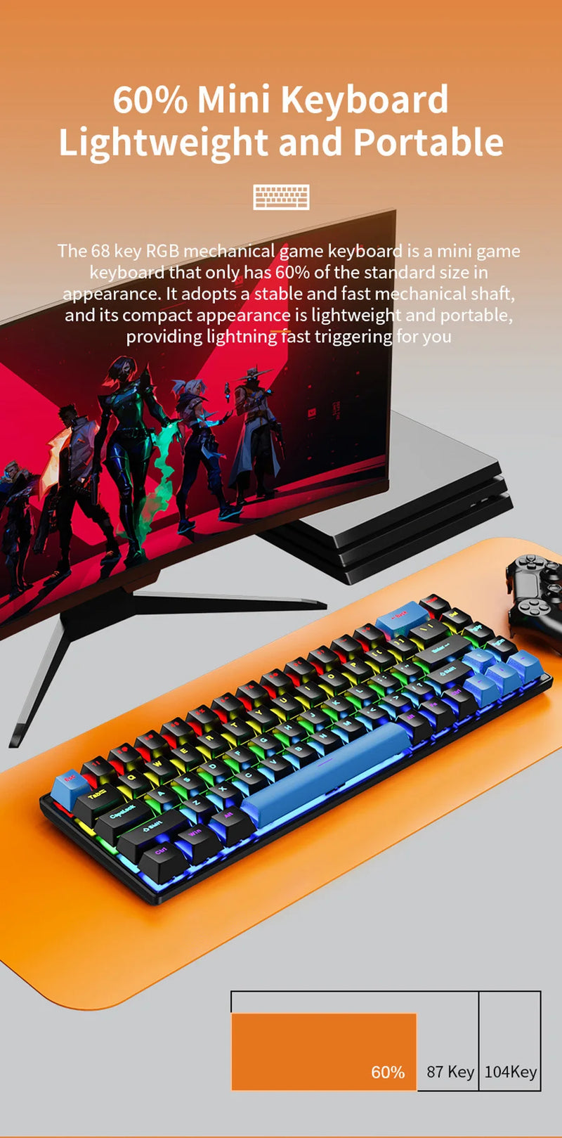 Teclado Mecânico K68 com Fio – 10 Tipos de Iluminação Colorida, Para Gaming e Escritório, Compatível com Windows e iOS